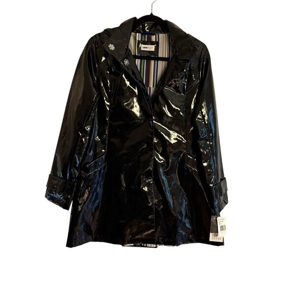 Jane Post Women S Black Snap Front Detachable Hood Iconic Slicker Raincoat NWT - Picture 1 of 15